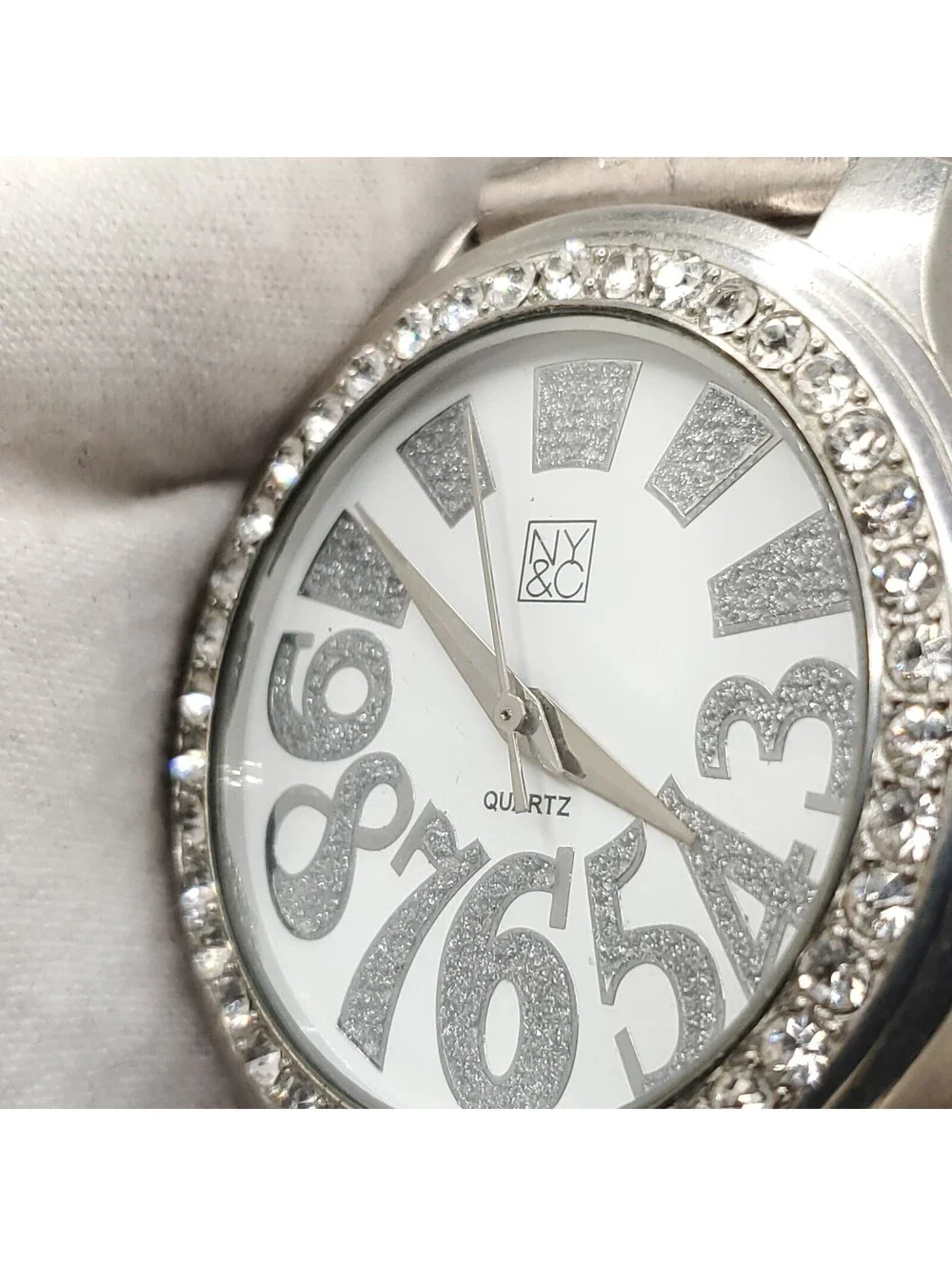 NY&C Quartz Watch Womens 40mm Silver Tone Rhinestone Bezel New Battery